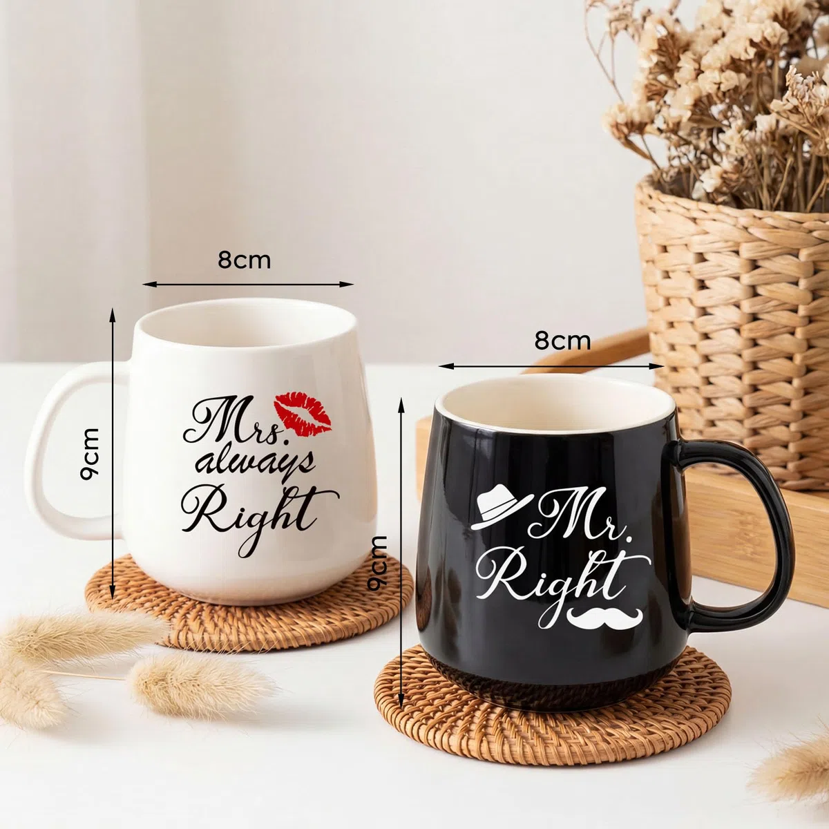 TUZELIYA Mr. Right & Mrs. Always Right Juego de tazas de pareja – Regalo de boda para novios, mujeres y hombres – tazas blancas y negras para parejas y regalos de aniversario para él ella