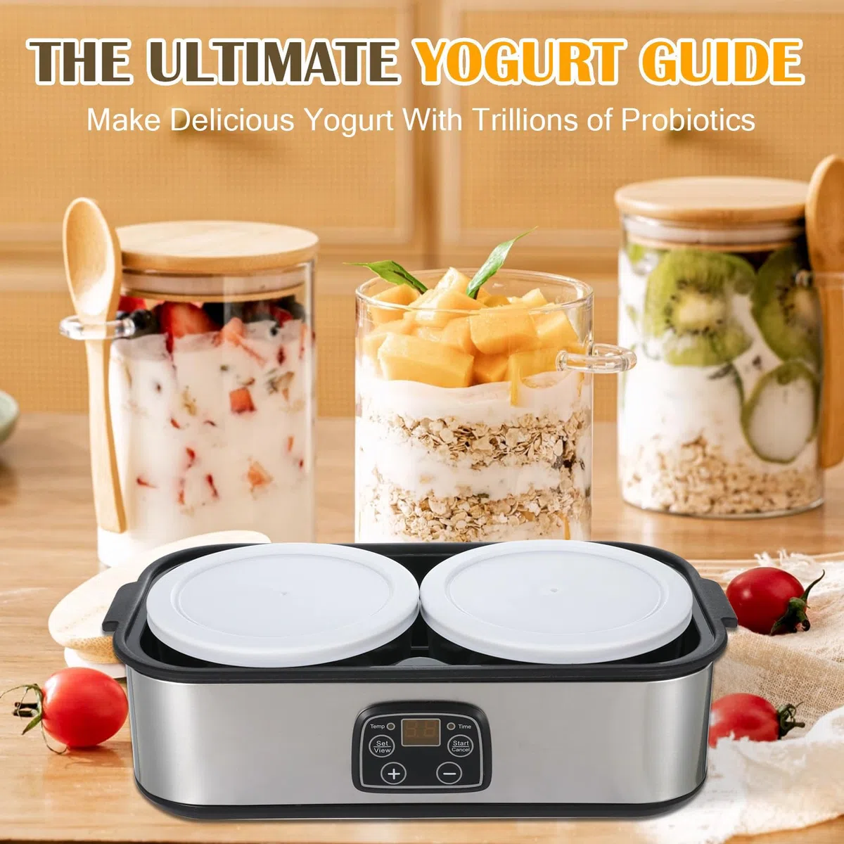 Yogurtera para Yogur Probiótico con Tiempo y Temperatura Ajustables | Incluye 2 recipientes de vidrio; máquina automática para yogur griego, ideal para preparar yogur casero saludable y postres.