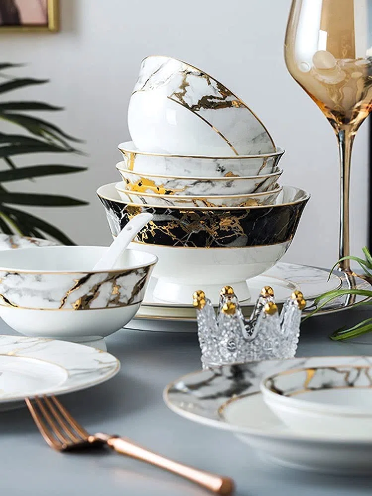Vajilla Elegante para Restaurante y Hogar de Lujo, 72 Piezas Vajilla de Porcelana de Mármol Phnom Penh, Cuencos, Platos, Vajilla de Porcelana Fina, Servicio para 10 Utensilios de Cocina