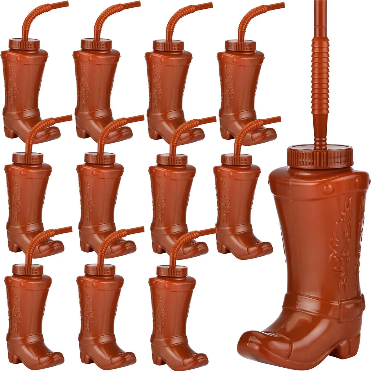 ALINK Tazas de barco vaquero con pajitas y tapas, 12 tazas de vaquero de 10 oz para rodeo occidental temática fiesta favorita, cumpleaños, vacaciones, eventos, accesorios y decoraciones - marrón