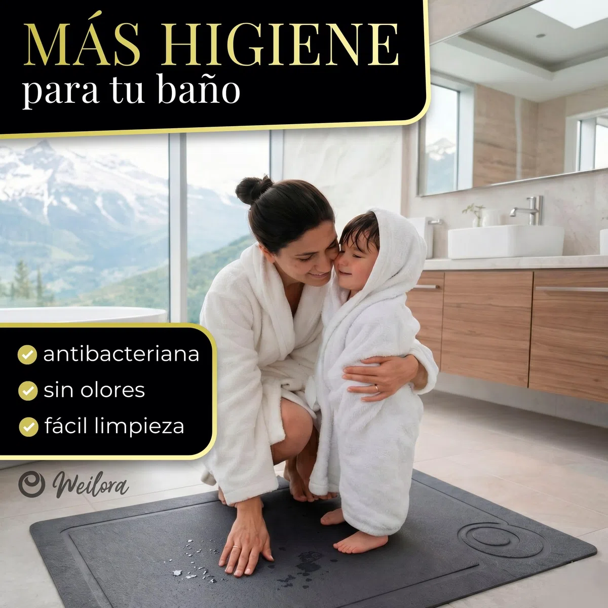 Alfombra Piedra Diatomita Baño 60x39 cm + Posavasos, Secado Ultra Rápido, Antideslizante con Malla, Sin Olores, Sin Moho – Alfombra Diatomita Baño Piedra Gris Antracita.