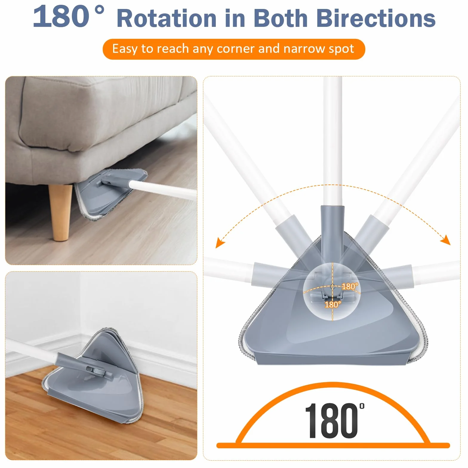TAOPE Mopa para Limpiar Azulejos y Paredes, Limpiador de Techos con Mango Largo de 200 CM, Fregona Limpieza Plegable con 6 pcs Microfibra Chenilla, Gris Trapeador de Triangular para Ventana