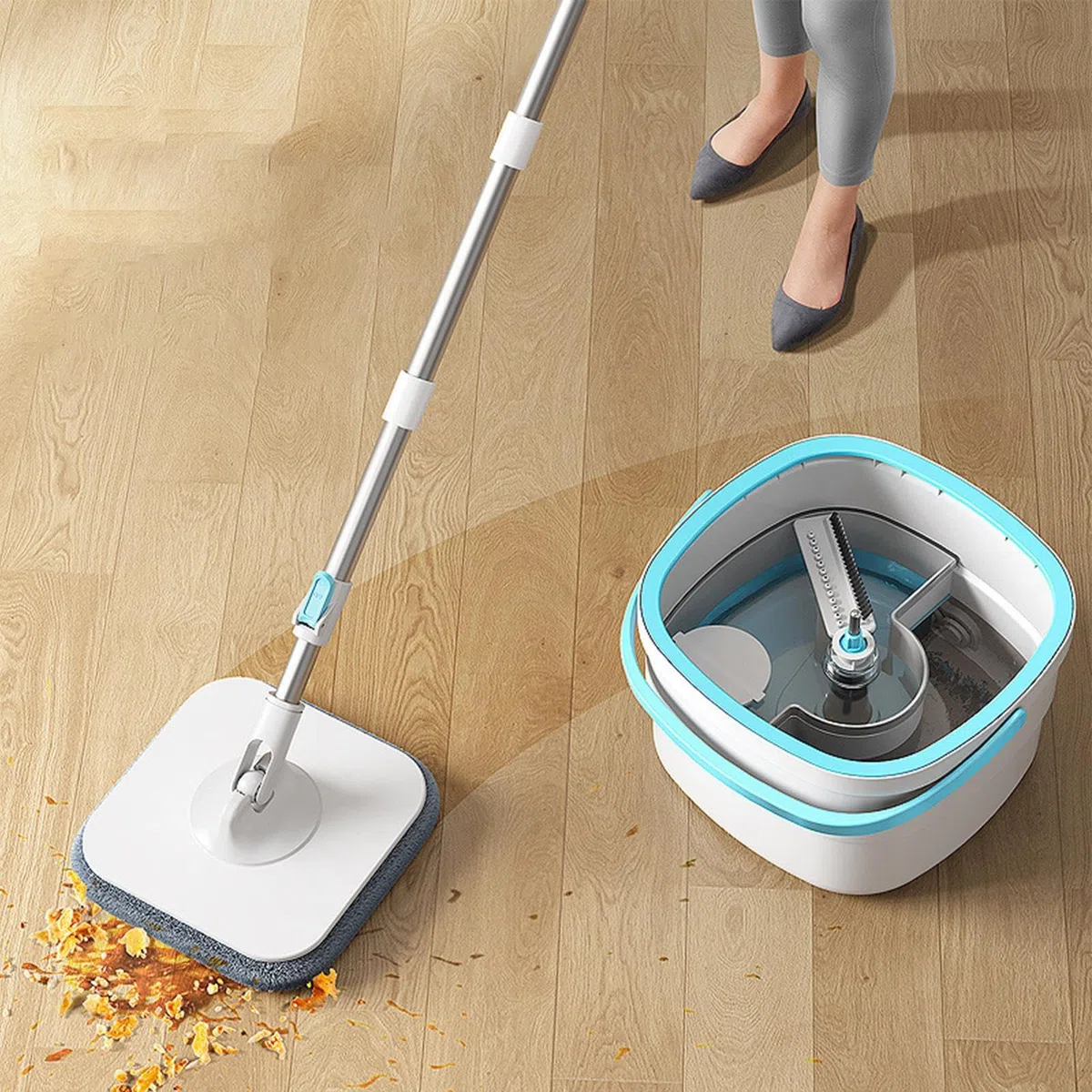 Juego De Cubo Y Fregona Utensilios De Limpieza del Hogar para Suelos | Fregona y Cubo con Lavado Sin Manos Para Dormitorio Sala De Estar Comedor Cocina Baño Estudio