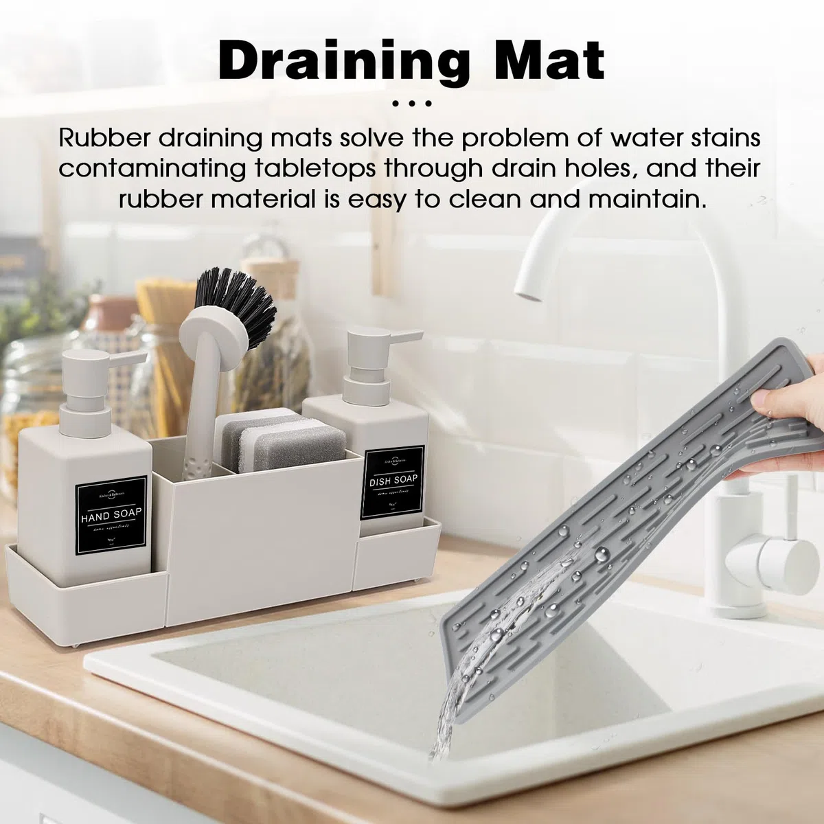 CAUTIOUS Organizador de Fregadero, Dispensador de Jabón de Esponja de Llástico, Juego de Dos Dispensadores de Jabón Líquido Lavavajillas 350ml, Organizador de Utensilios de Cocina (Blanco)