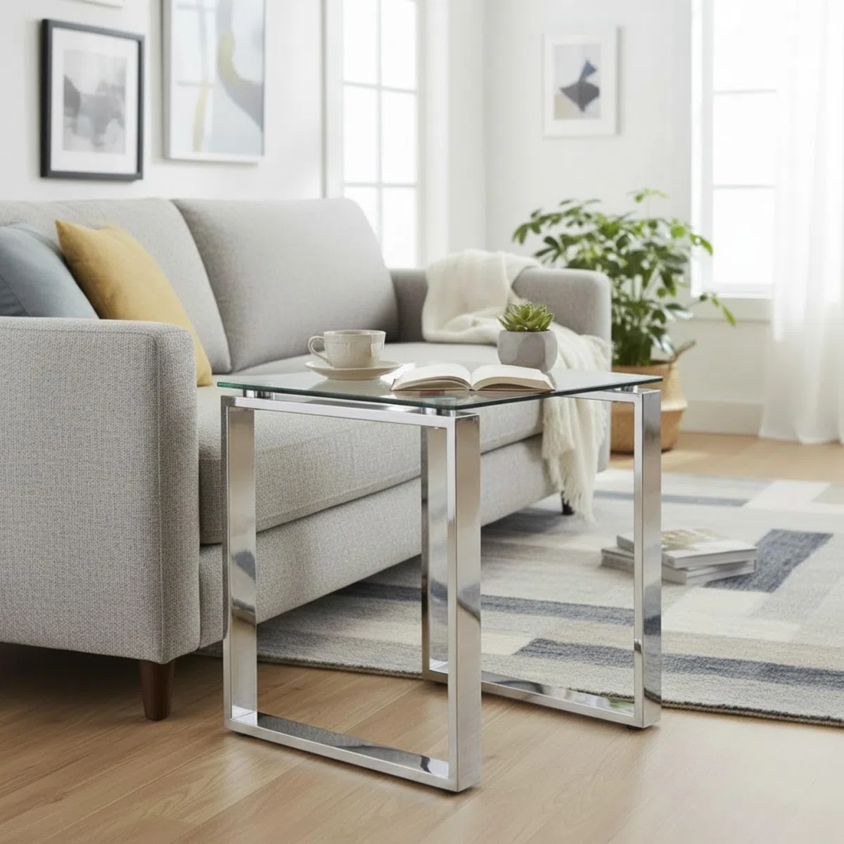 HAKU Mesita Auxiliar Acero Inoxidable Tablero de Cristal Transparente Mesa de sofá con Vidrio de Seguridad 8 mm Mesa de Centro - Dim.: An 42 x Al 45 x P 42 cm; Estilo: Moderno