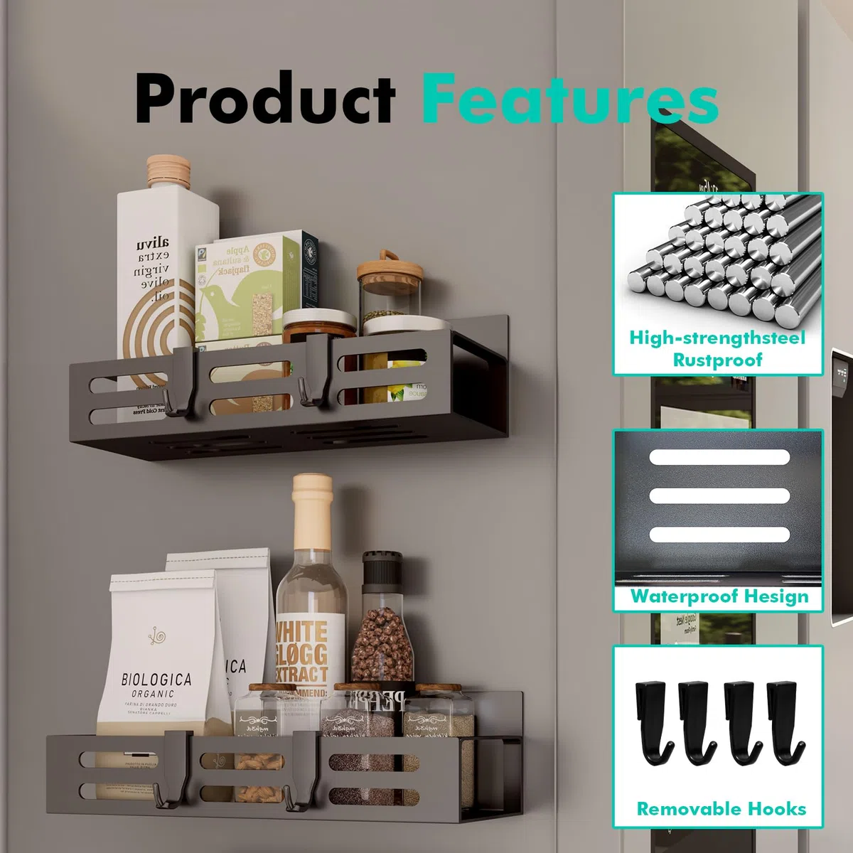 SETBAOO Paquete de 6 estantes magnéticos para refrigerador, estante magnético negro y organizadores de gabinete de cocina, almacenamiento de condimentos, mini estantes.