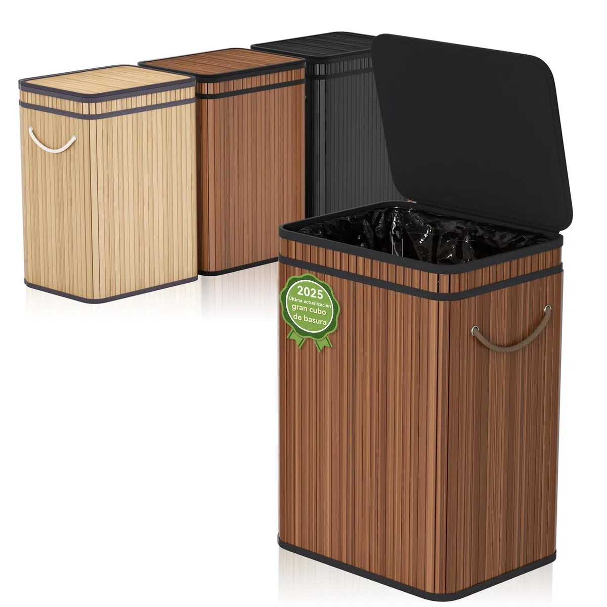 Cubo de basura grande de 80 litros/21 galones con tapa, Cubo de basura/cubo/cesta de basura para exteriores para el hogar, de bambú, para exteriores, hogar, oficina, cocina, 40 x 30 x 60 cm (Marrón)