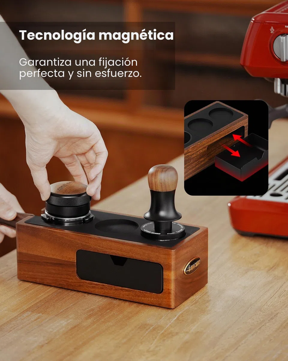 MHW-3BOMBER Estación de apisonamiento de espresso, caja organizadora 4 en 1 de nogal con cajón magnético para almacenamiento de espresso de 51 a 58 mm, distribuidor, portafiltro y accesorios de