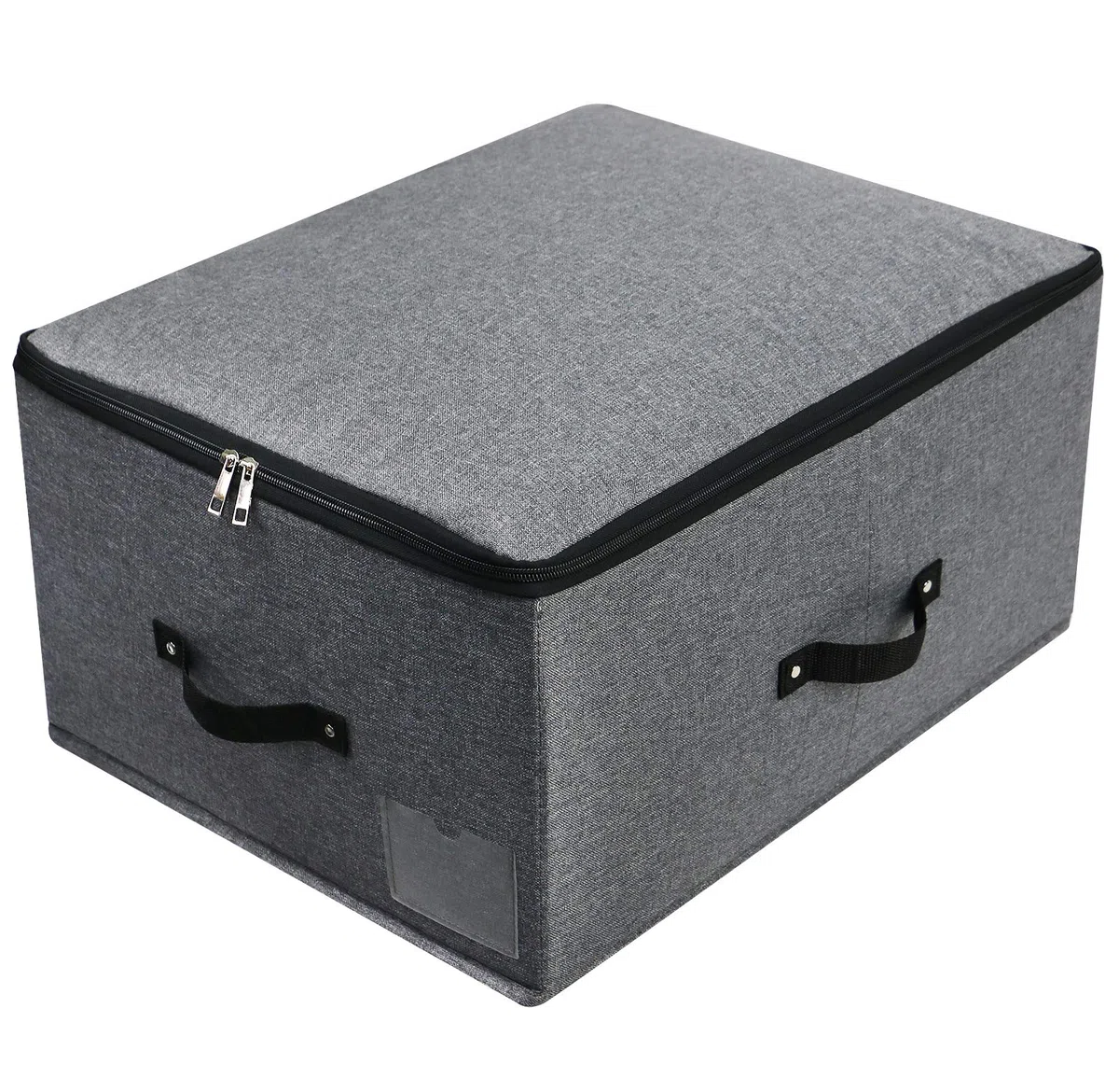 Cubo de Almacenamiento Plegable con Tablero Divisor, 4 Asas, Tapa con Cremallera Mantas Ropa Colcha Caja de Almacenamiento para Dormitorio Armario Estante de Armario, 52x40x26cm, Negro Gris