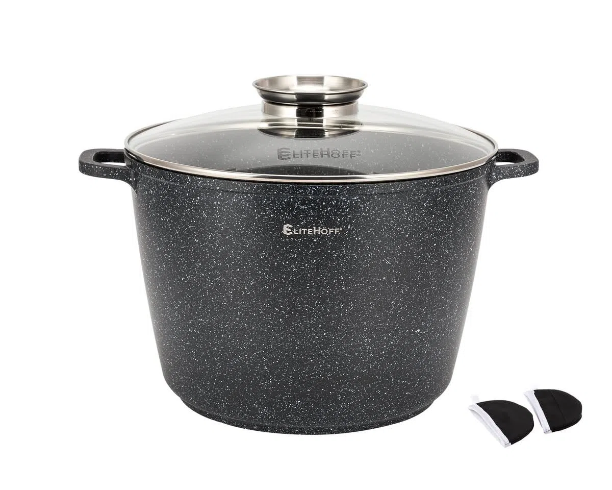 Olla de Cocina Antiadherente EliteHoff con Tapa, Olla de Aluminio para Sopa, Gran Olla de Mármol para Inducción, Olla de Inducción para Todo Tipo de Cocinas (Negro, 10L Ø 28cm)