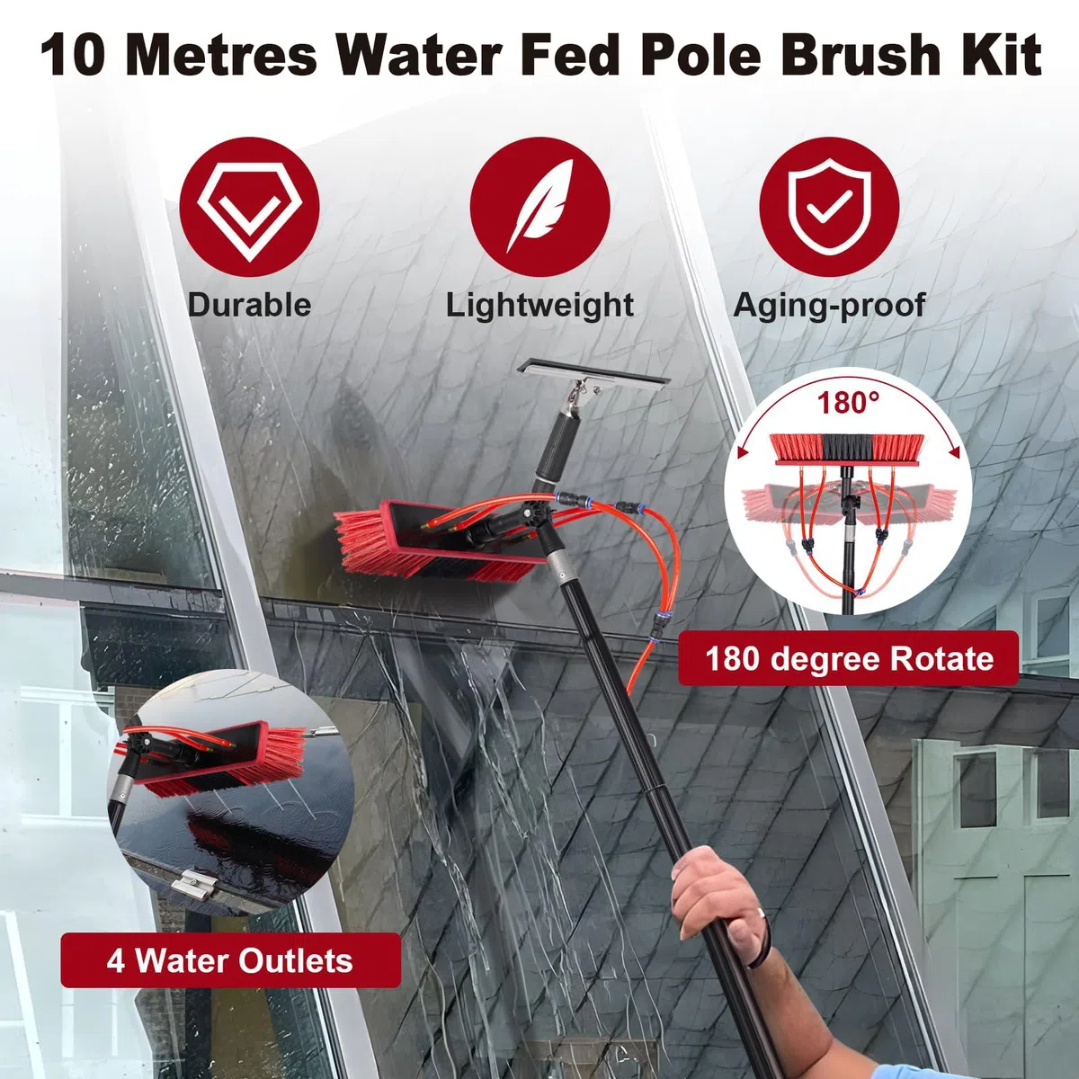 Kit de limpieza de ventanas de alimentación de agua, poste de aluminio de 10 m con cepillo de 35 cm, dispensador de jabón y manguera de 20 m, ideal para limpieza de paneles solares y ventanas altas