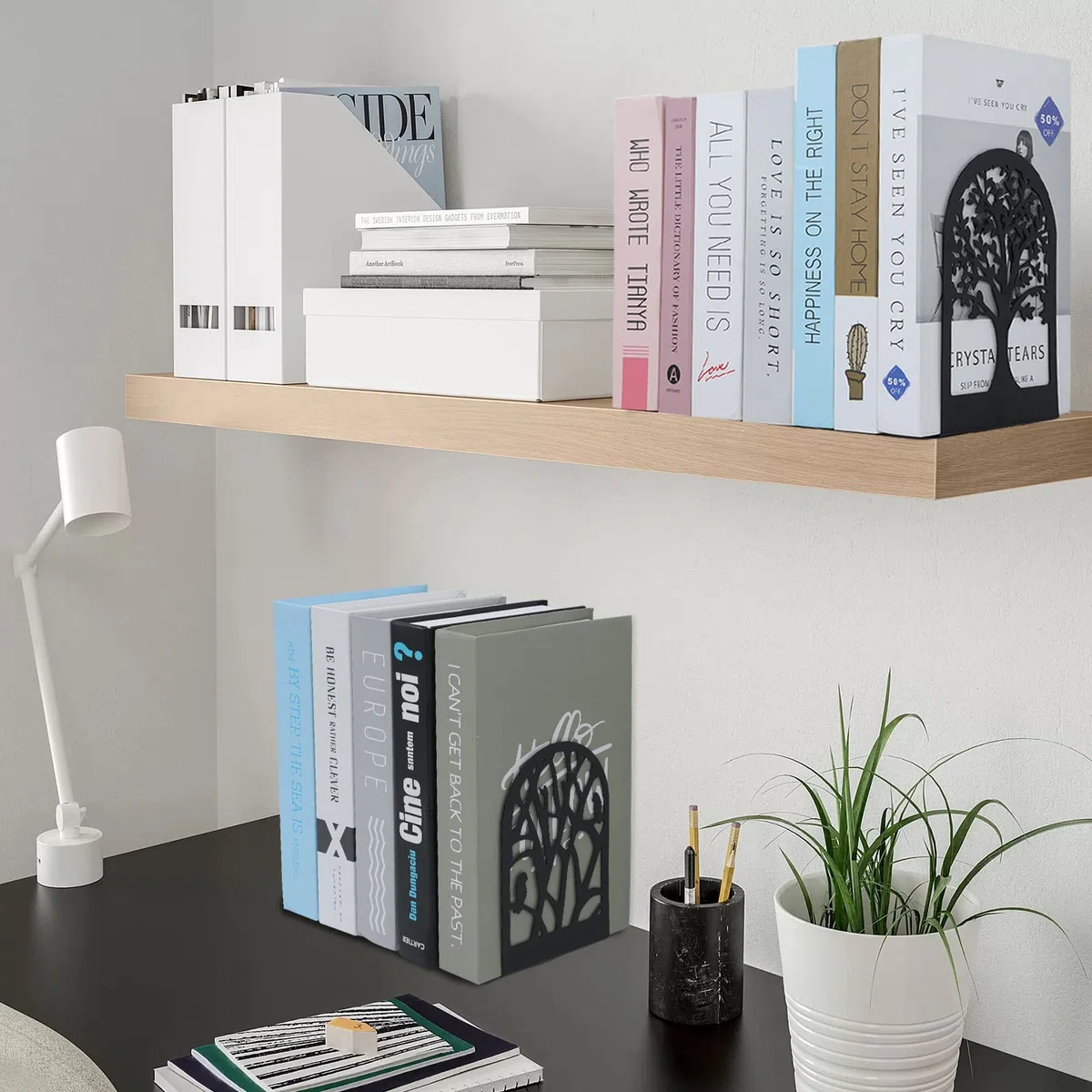 EOOUT Sujetalibros Decorativos para estantes, 5 Pares de Soportes de sujetalibros de árbol, topes de Metal Negro para Libros Pesados, Extremos de Libros Resistentes para el hogar, la Oficina y la