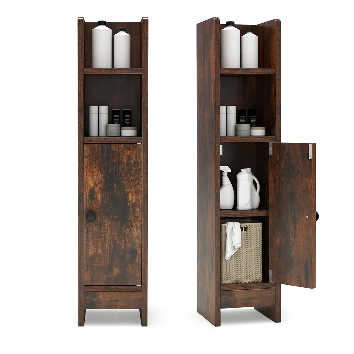 GIANTEX Armario Estrecho de Baño con Puerta, 4 Estantes de Almacenamiento, Estante Interior Ajustable, 18 x 20 x 80 cm, Mueble de Suelo para Baño, Salón, Dormitorio (Marrón)