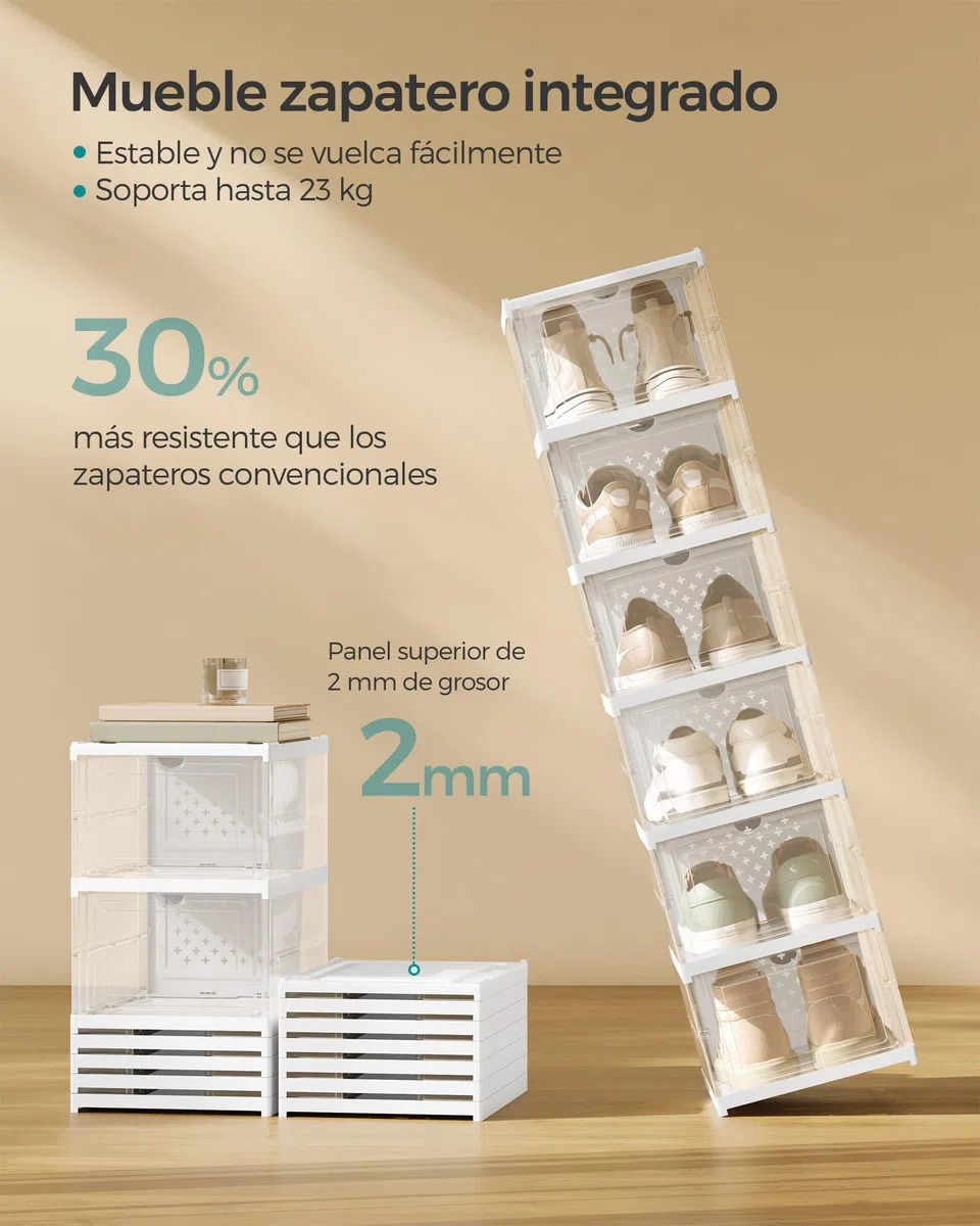 SONGMICS Cajas para Zapatos, Juego de 12 Organizadores Apilables para Zapatos, Juego de 2 Zapatero Plegable y Portátil, hasta talla 46, Montaje en 60s, Transparente y Blanco Nube LSP206W01