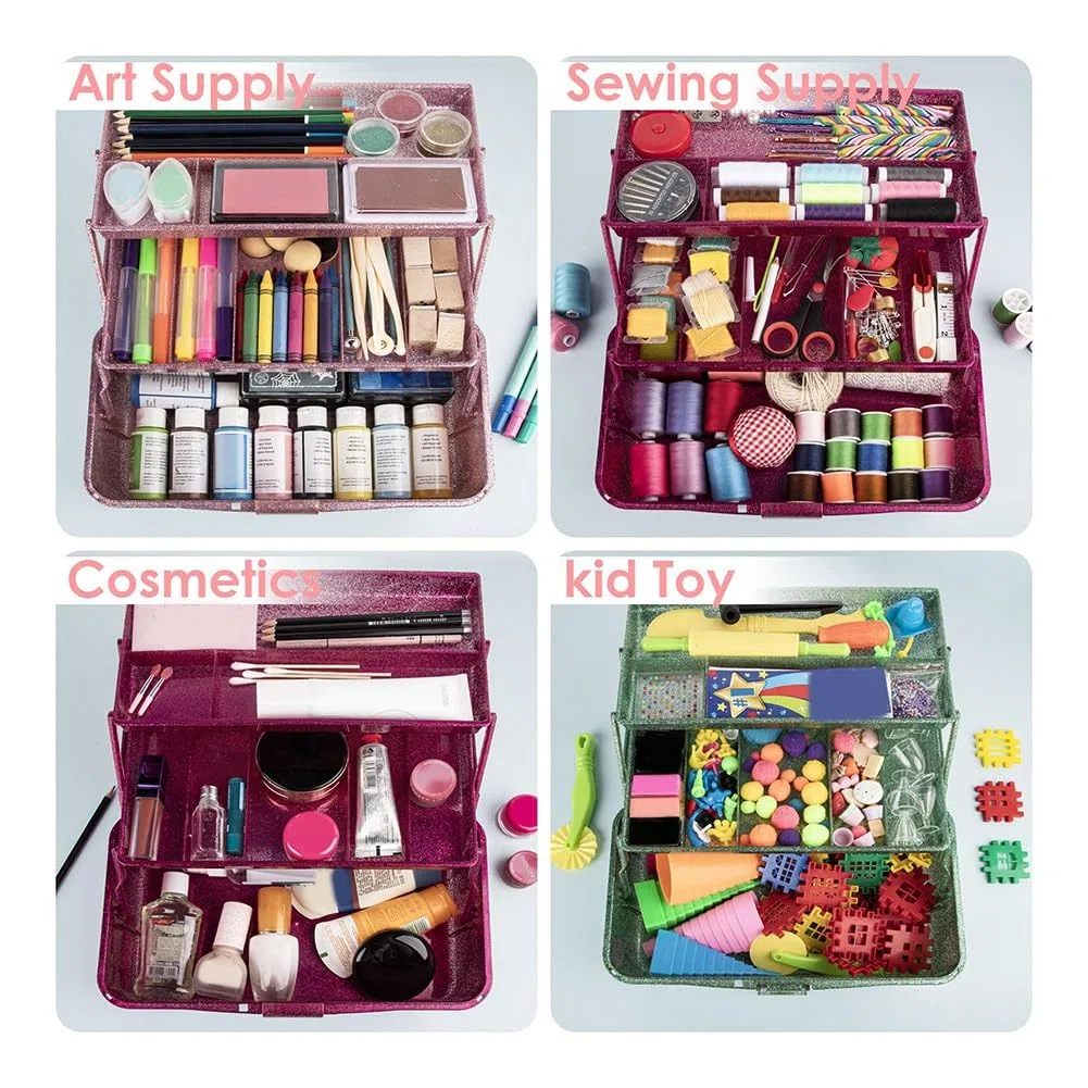 Caja de Almacenamiento de Herramientas para Manualidades y Color Rosa Brillante, Caja de Herramientas de Transporte Apilable de 3, Caja de Costura, Organizador para Arte