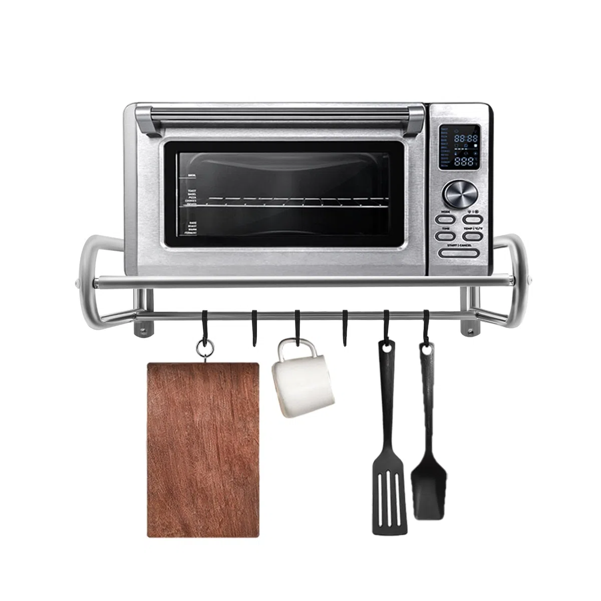 Soporte de pared para microondas, estante para microondas, con 6 ganchos, acero inoxidable hasta 30 kg, soporte de pared de almacenamiento de cocina, para colocar diversos objetos y