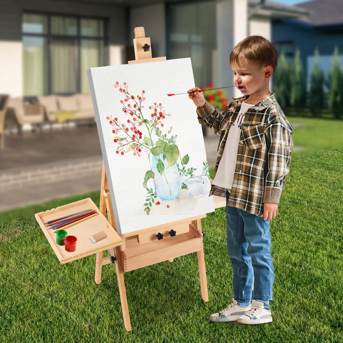 Caballete de taller ajustable de madera, soporte de madera, caballete de estudio con compartimento de almacenamiento, para pintura, soporte de pintura, 44 x 40 x 122-207 cm