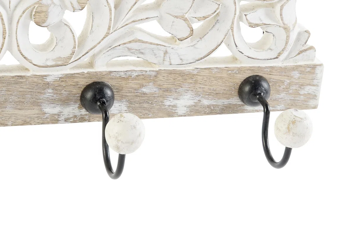 Perchero de pared mango madera tallado floral metal con 4 colgadores resistentes 40x9x13 cm (Tallada floral)