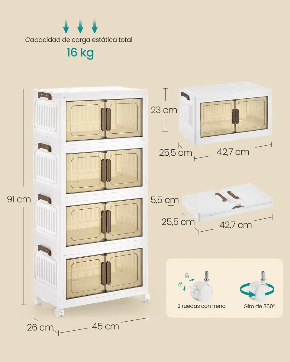 SONGMICS Cajas de Almacenamiento de 4 Niveles, Organizador con 1 Tapa, Cajas Apilables, con Ruedas, de Plástico, con Puerta Magnética, Blanco, 25 L por Nivel, RLB445WZ01