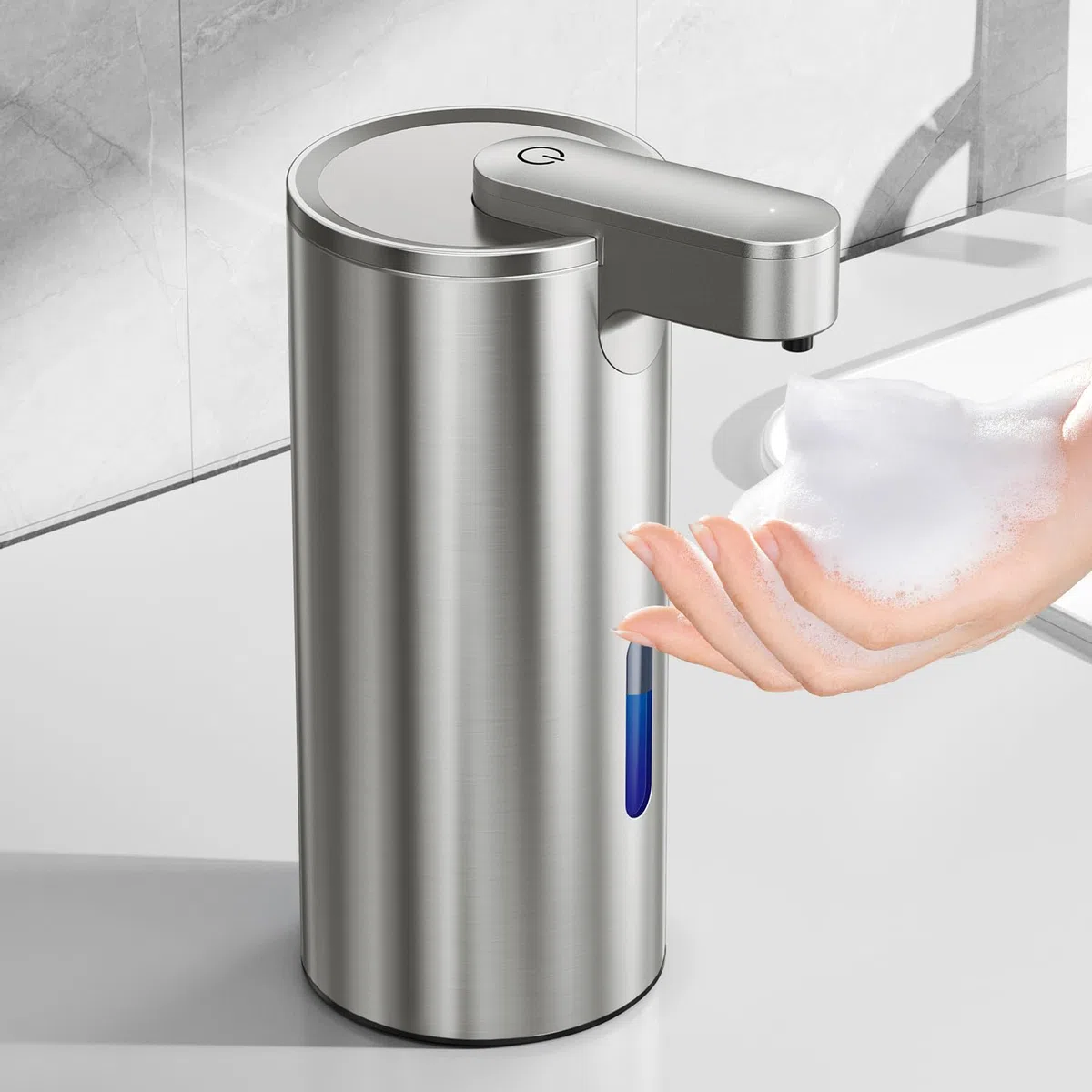Fantictas Dispensador de jabón automático sin contacto, acero inoxidable, 11,5 oz, 3 niveles ajustable, dispensador de jabón de manos con bomba de sensor recargable para cocina y baño jabón de espuma