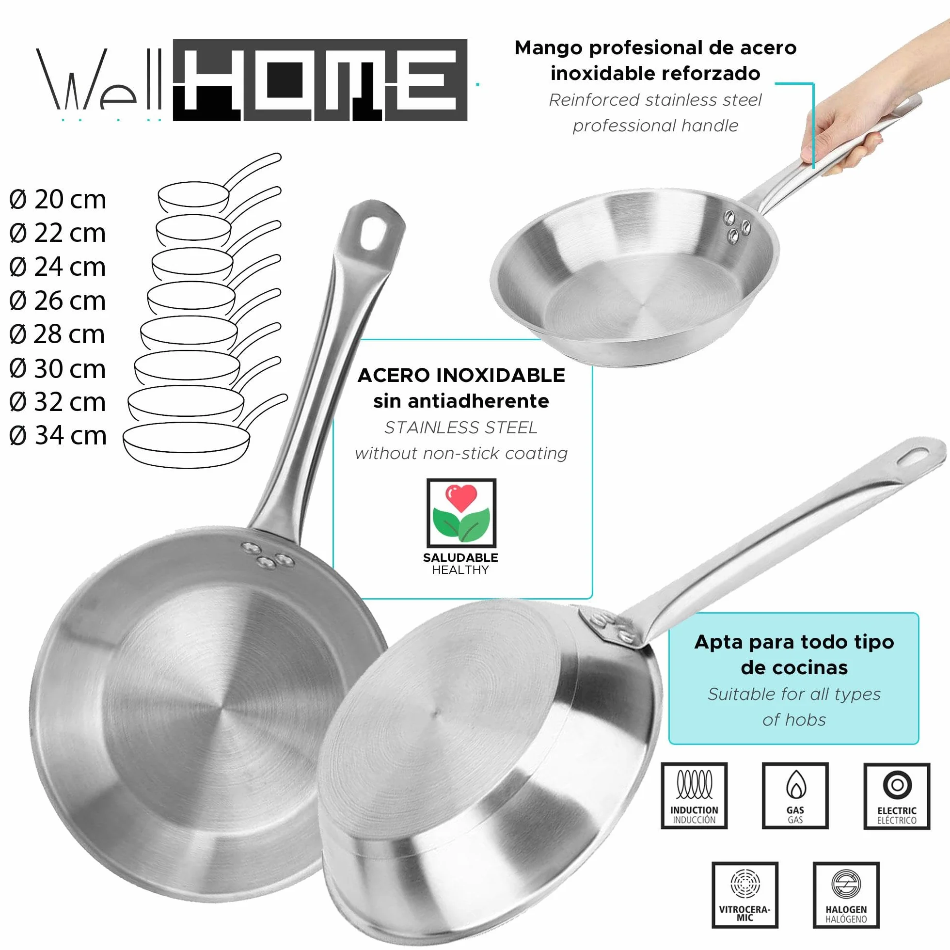 Well Home Set de Batería de Cocina de 8 Piezas y Sartenes en Acero inoxidable Ø20 Ø24 y Ø28 x5cm, Aptas para inducción y SIN antiadherente