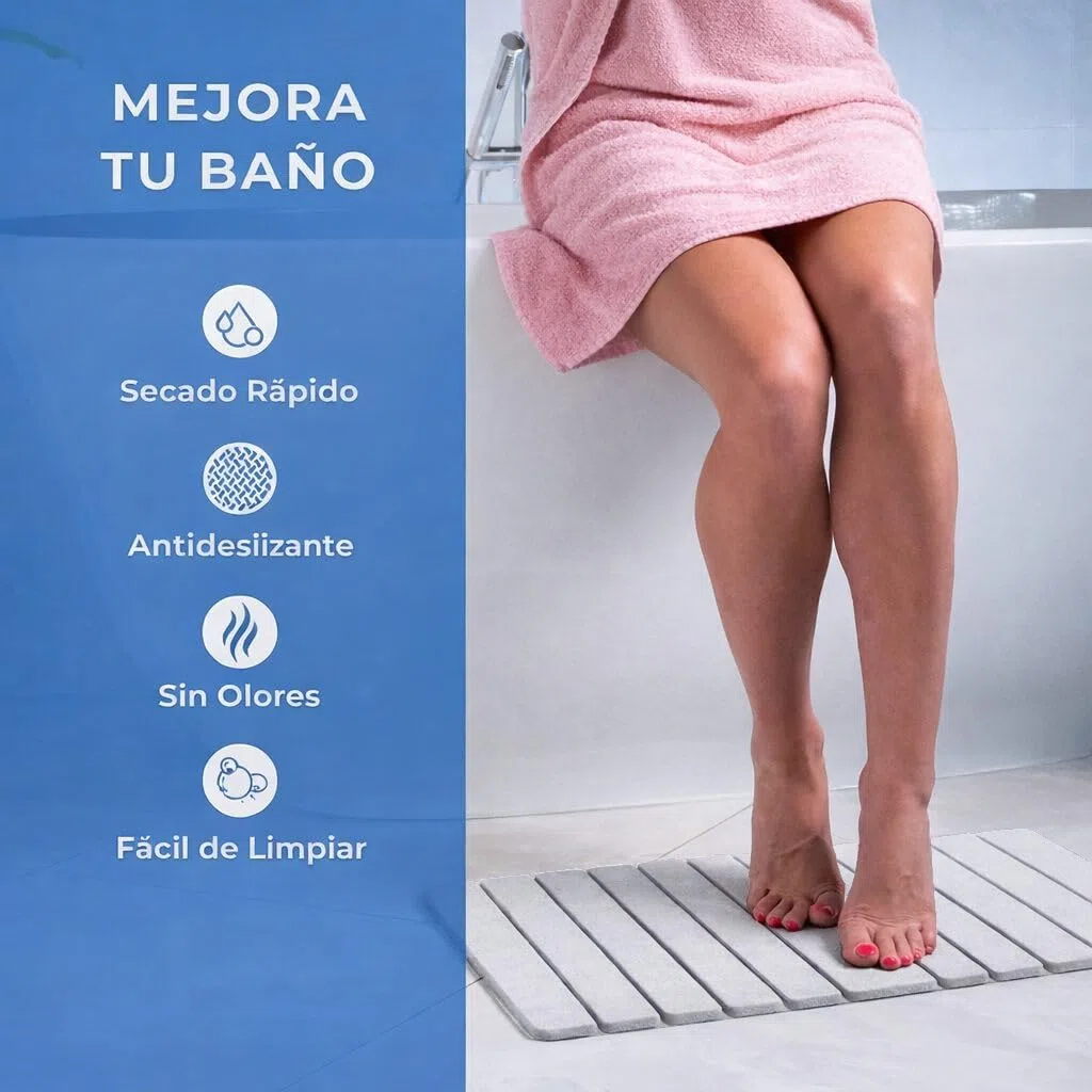 Alfombra Baño Diatomita XL 60x40cm Enrollable Secado Rápido + Malla Antideslizante – de Piedra Diatomea Anti Moho y Sin Olores – Ultra Absorbente Antideslizante para Ducha - Alta Absorción | Blanco