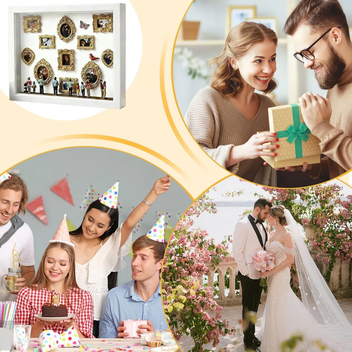Genérico Marco de Museo Miniatura,Vitrina para Fotos con Luz y Silueta - 11 Piezas de Marcos Miniaturas con 8 Figurillas - para Decoración del Hogar, Bodas y Cumpleaños Familiares