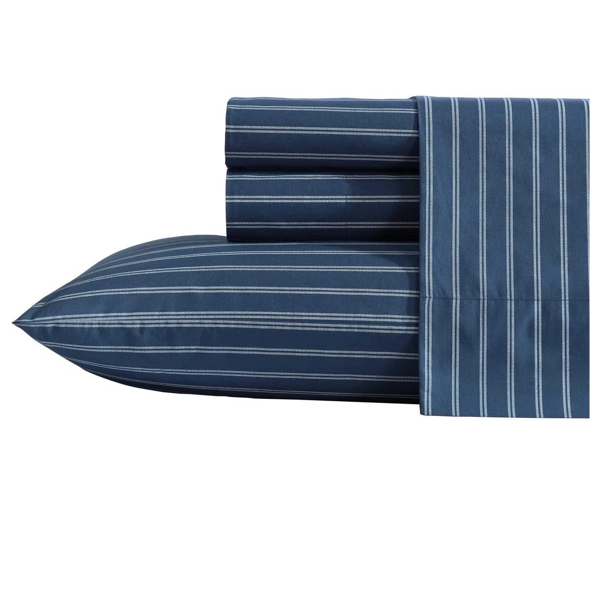 Nautica - Sábanas tamaño Queen, Juego de Ropa de Cama de percal de algodón, decoración del hogar a Rayas, Certificado Oeko-Tex (Richmond Stripe Blue, Queen)
