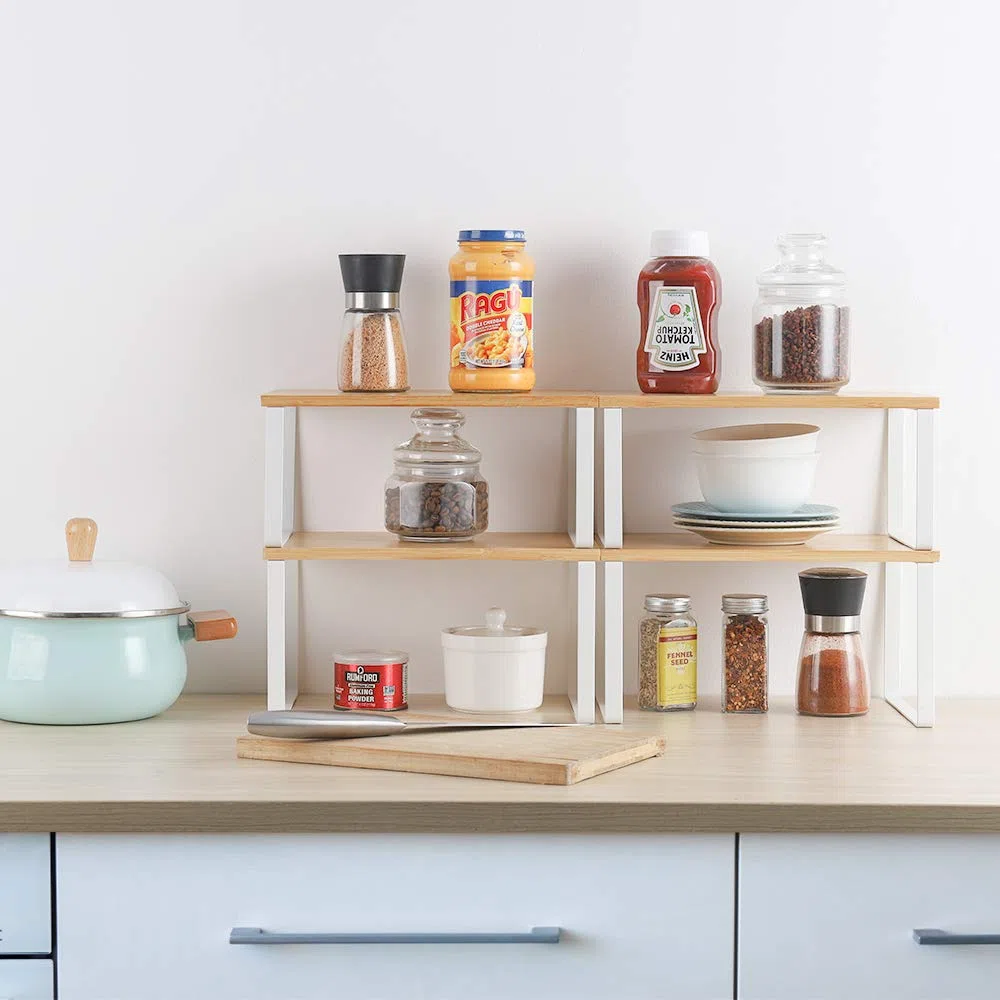 Nandae Juego de 4 Organizador Cocina Estanteria Cocina, Organizador Armarios Cocina Apilable para Encimera, Gabinete, Estantes de Almacenamiento para Alimentos y Cubiertos