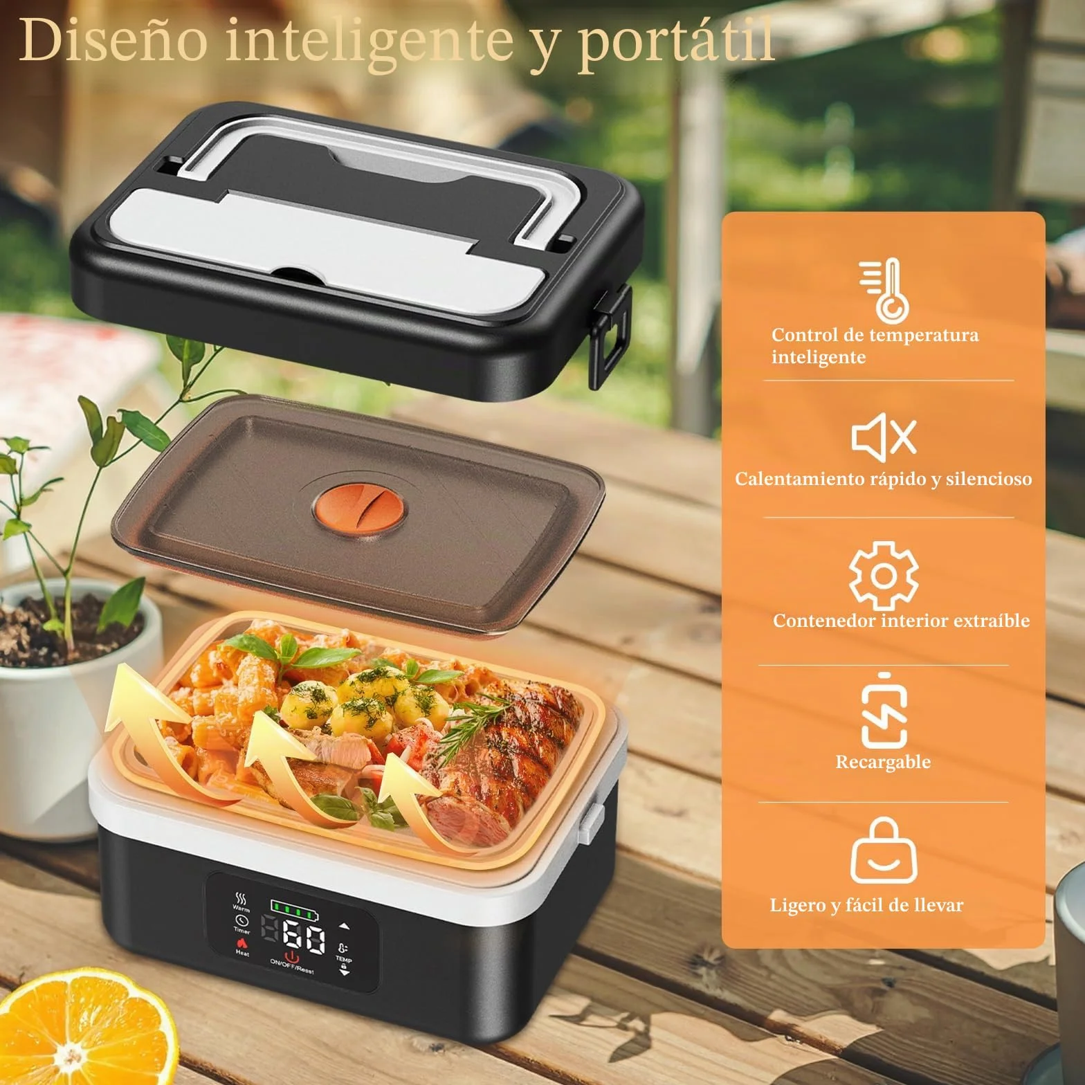 Fiambrera Eléctrica,Fiambrera Recargable Taper Electrico Para Comida de 16 000 mAh, Calentador de Alimentos portátil de 1 l con Calentamiento Automático, almuerzo caja calefactora
