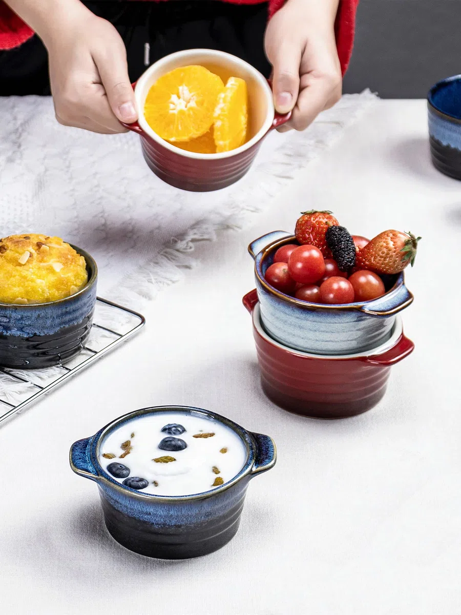 Mini Cocotte, Moldes de Gres con Tapa y Asas, Juego de 4 Platos para Horno de Cazuela para Creme Brulee Soufflé, Aptos para Horno, Cuencos para Moldes - Azul