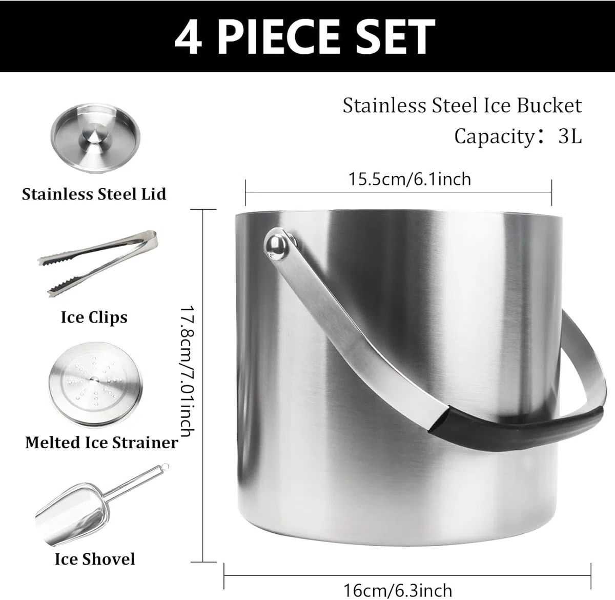 Minnnhua 3L Cubiteras para Hielo Grande Hielera Portátil Cubiteras para Botellas de Doble Pared de Acero Inoxidable Champanera con Tapa Colador Cuchara Hielo Y Pinza para Bar Fiestas de Picnics