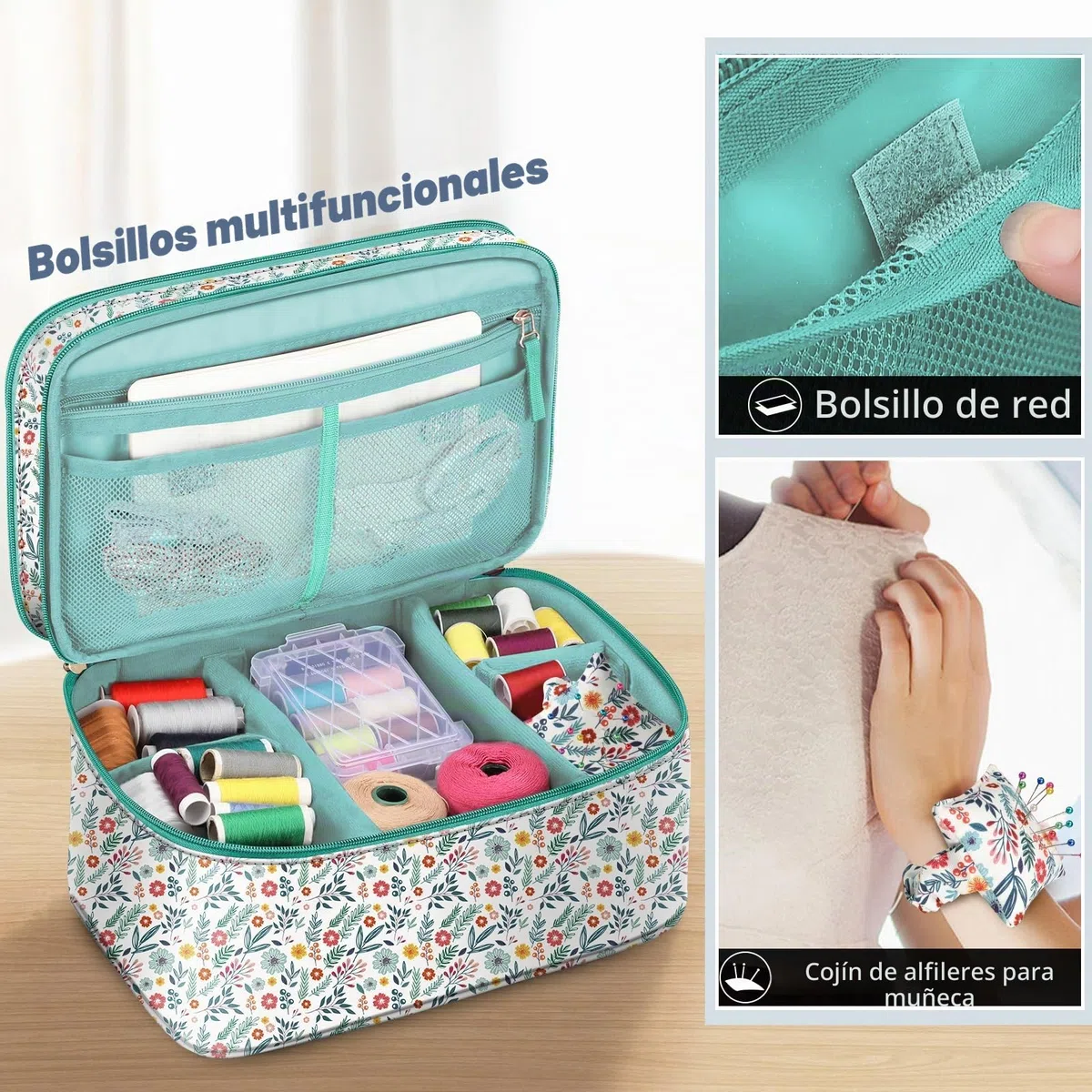FINPAC Bolsa para Kit de Costura, Doble Capa Organizador de Accesorios de Costura, Costurero Grande para hilo, agujas, tijeras y otras herramientas de costura (Solo Bolsa) (Primavera)