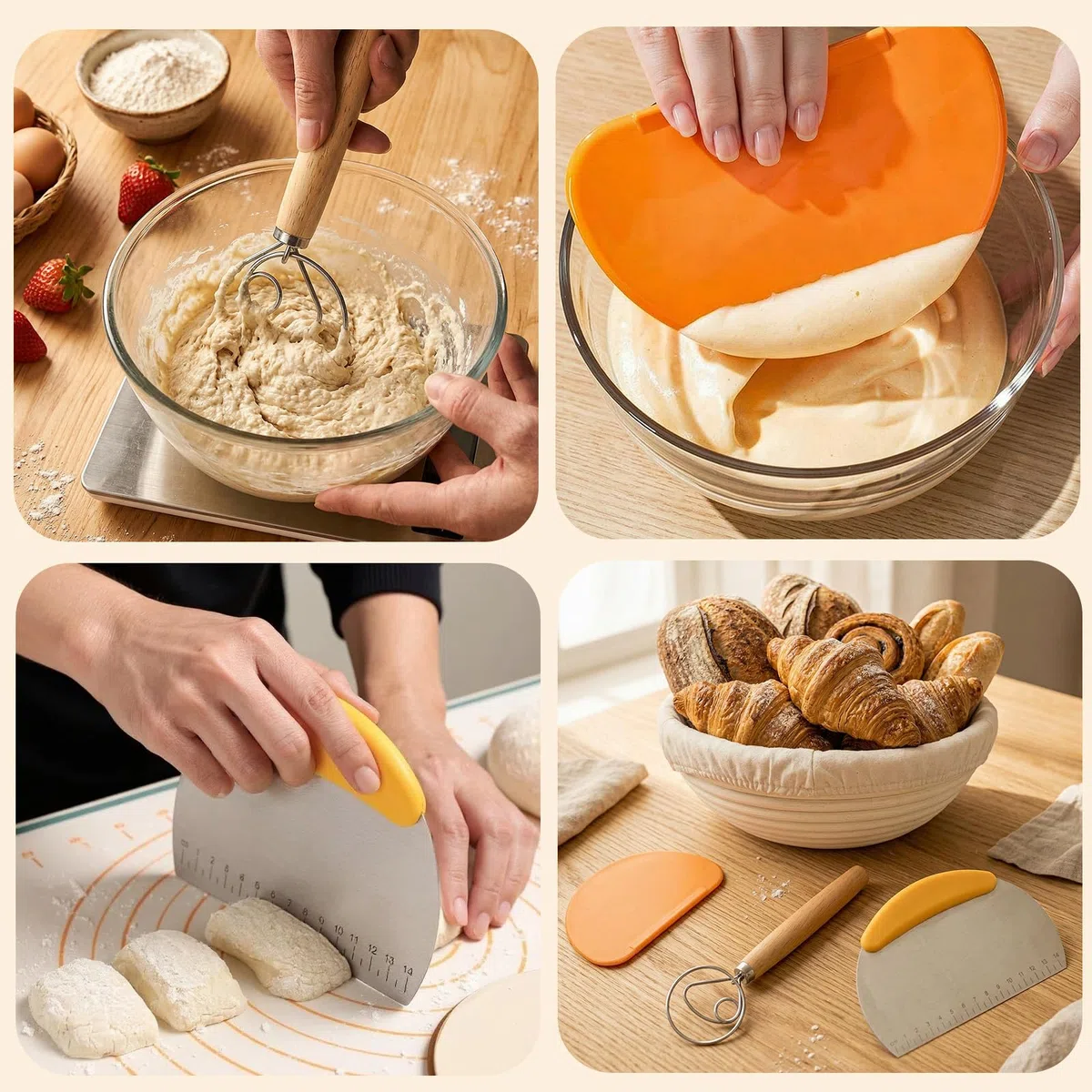 Banetones Para Pan Traje De PanaderíA, 13PCS Traje De Pan Fermentado De Agrio, Juego de cestas de prueba de pan, juego de iniciación de masa madre, tarro de fermentación, accesorios para hornear pan