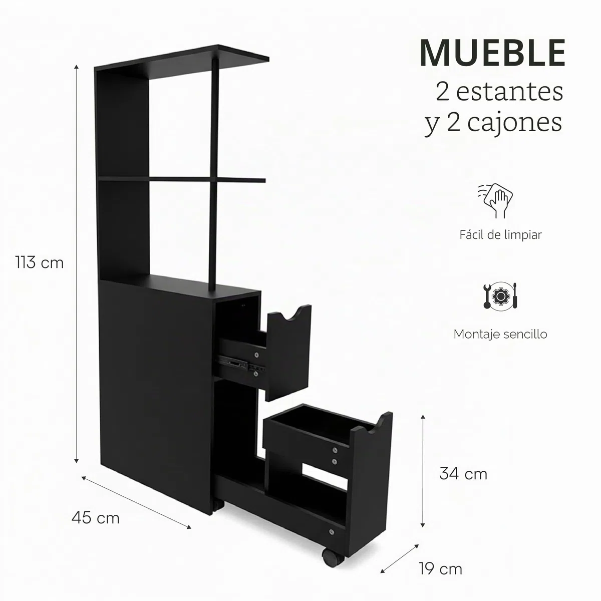 Baroni Home Columna de baño que ahorra espacio, mueble alto con estantes abiertos y cajones, multiusos, columna moderna para baño, cocina y dormitorio, 30 x 30 x 180 cm, 3 estantes y 2 cajones, color