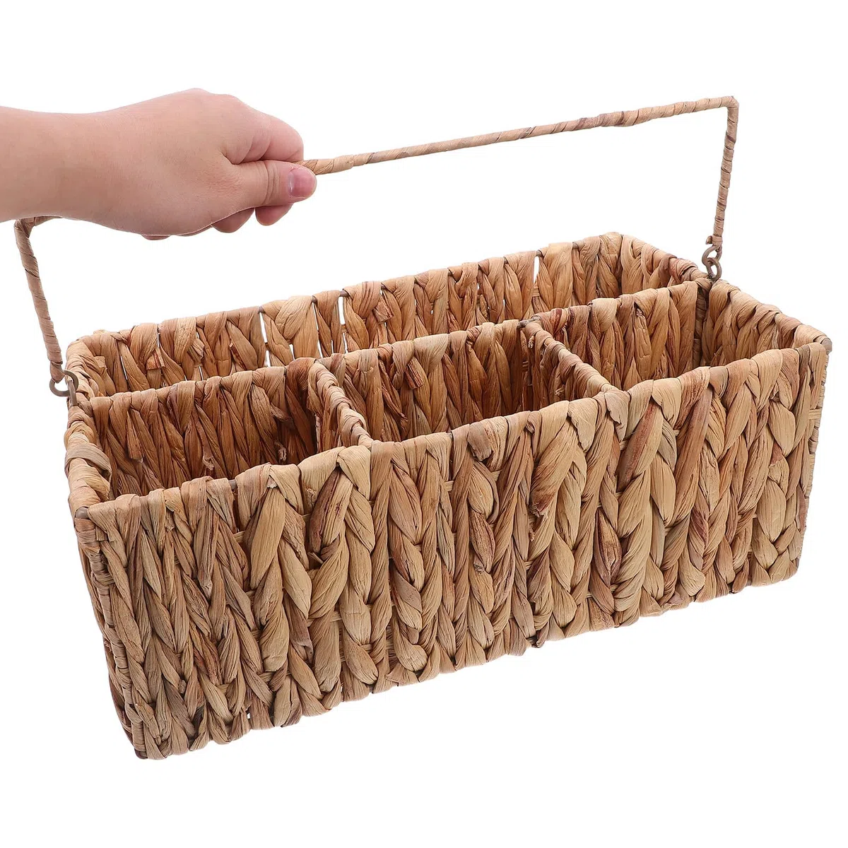 Garneck Cesta de Mimbre con Compartimentos para Cubiertos Organizador de Utensilios de Cocina con Asa Portátil Soporte de Almacenamiento de Utensilios de Paja para Picnic y Comedor Cesta