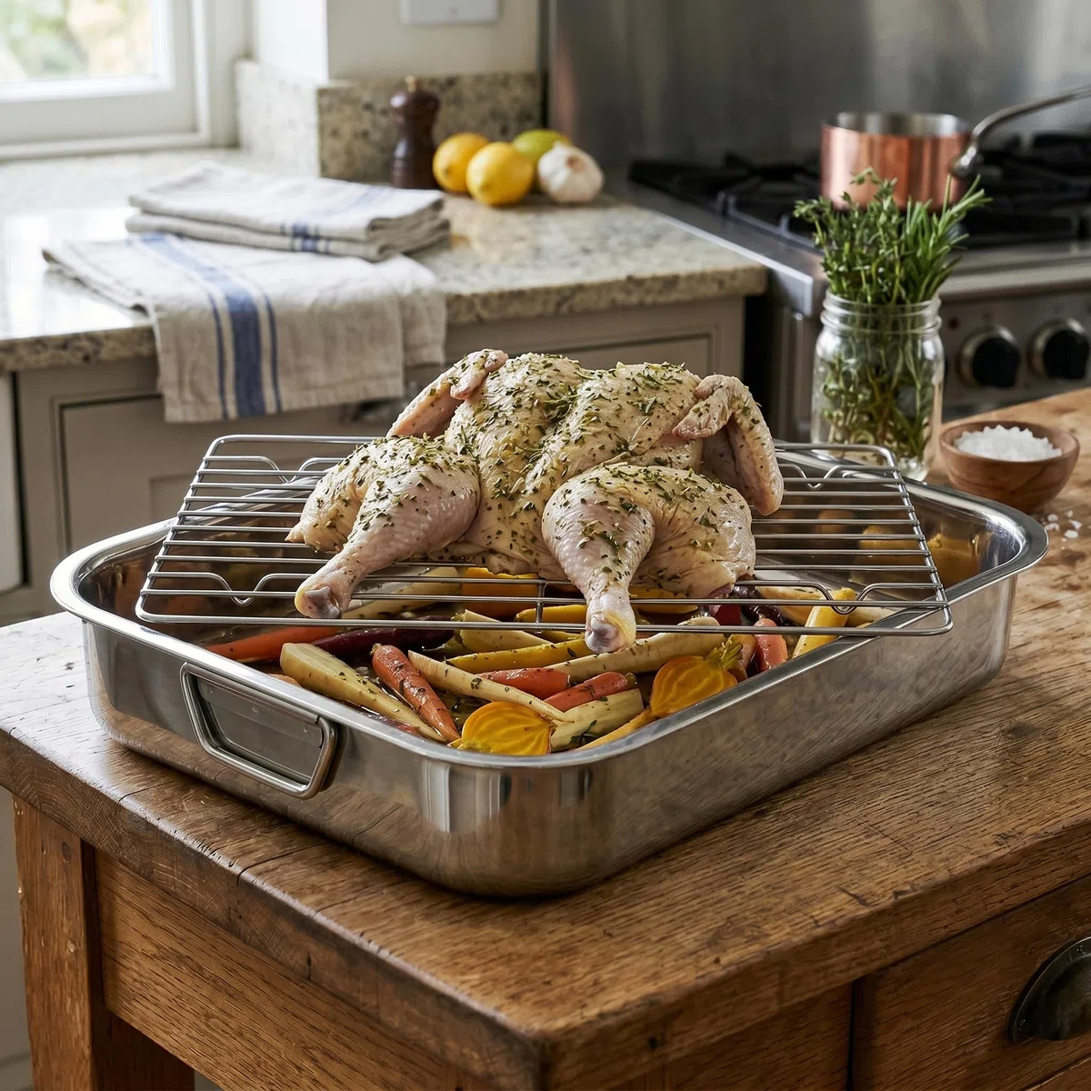 MGE - Bandeja de Horno Universal con Rejilla 40 cm - Fuente Rectangular de Acero Inoxidable para Asar, Hornear y Cocinar Carnes y Verduras con Menos Grasa