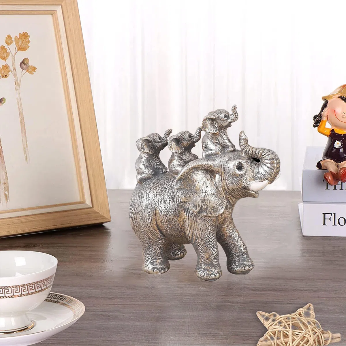 Elefantes Decoracion Figuras, Elefante de la Suerte, Figuras Decorativas Modernas Salon, Estatua Elefante Resina Cariñosas para Salón, Escritorio, Oficina - Plata