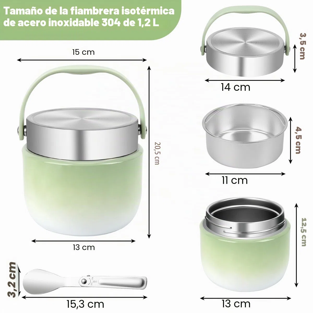 Contenedor térmico para alimentos, 1200 ml, de acero inoxidable 304, contenedor térmico para alimentos, termo para alimentos, a prueba de fugas con tapa, cuchara y bolsa térmica (verde)