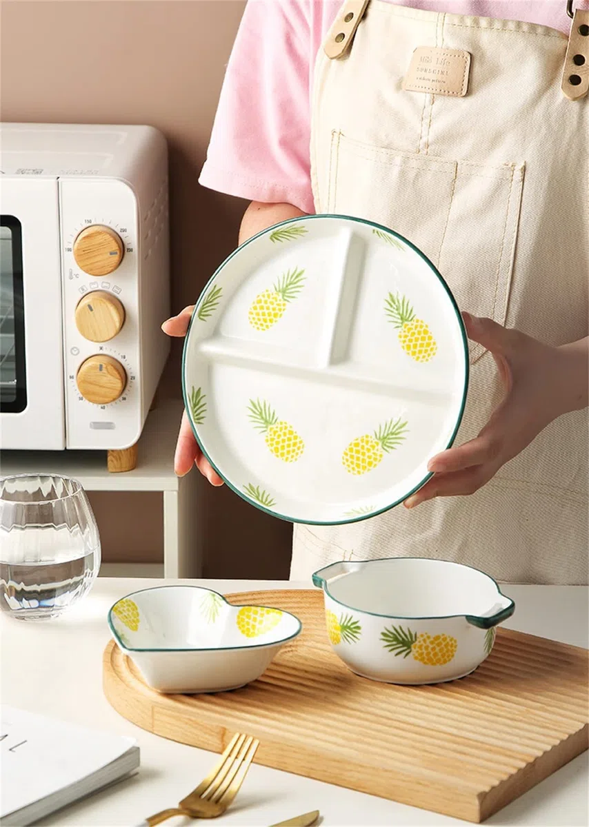 Juego de 3 cubiertos bariátricos para control de porciones, plato dividido y cuencos de sopa para control de peso, elegante color blanco con patrón de frutas, perfecto para una alimentación saludable