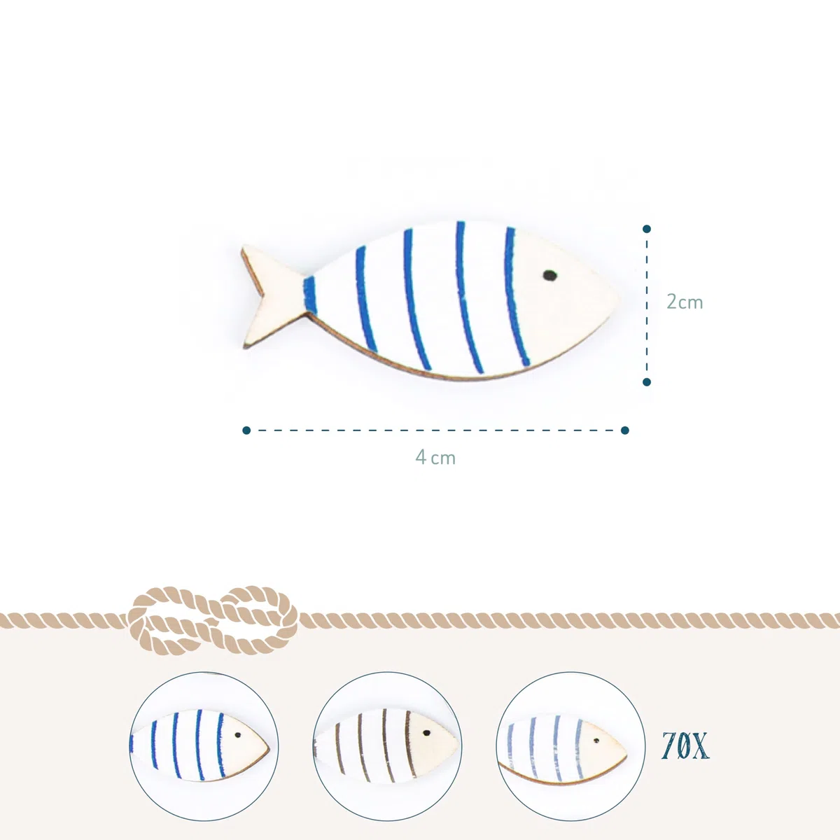 Logbuch-Verlag Set Peces Madera, 70 Unidades: Adornos Marineros Mesa, decoración náutica salón, baño, Playa y mar, Detalles comunión, Accesorios mediterráneos, hogar Fiesta Verano, 4 cm