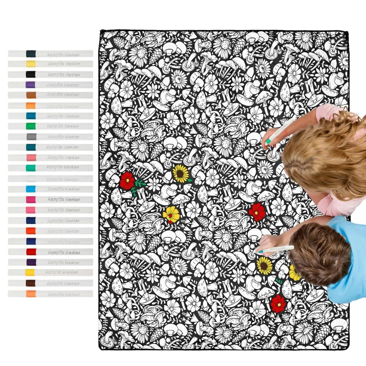 Manta Para Colorear Para Adultos | 115X150CM Manta Lavable Para Manualidades | Mantas Para Colorear Personalizadas Con 24 Rotuladores | Proyecto De Arte De Pintura Divertidos Para Niños Adultos (A)