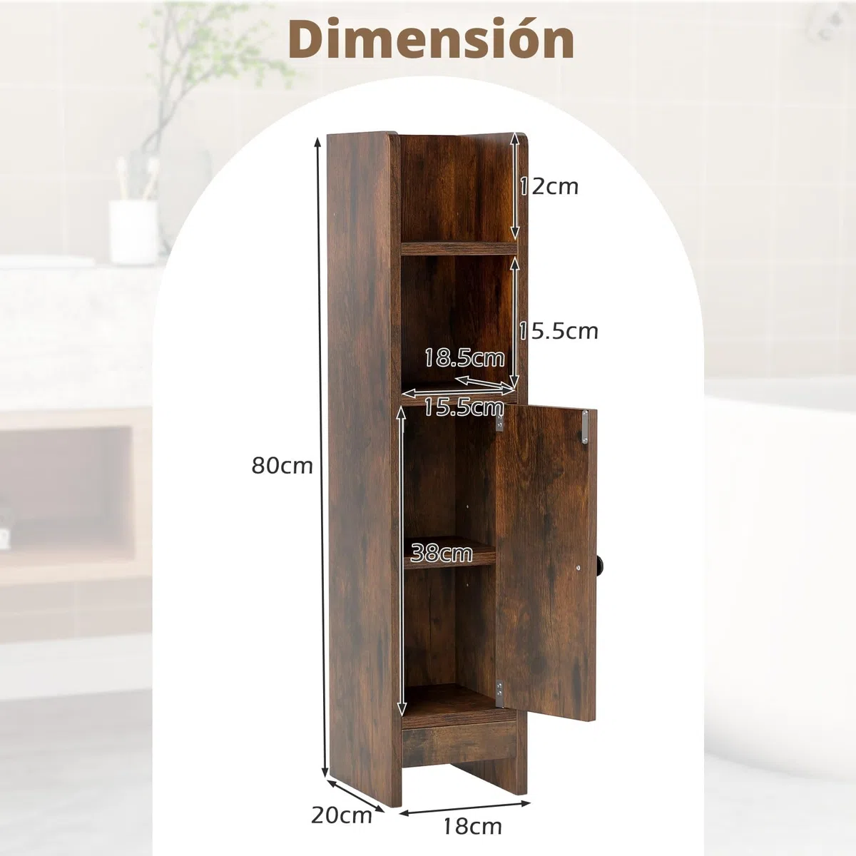 LIFEZEAL Armario de Almacenamiento para Cuarto de Baño Estrecho, Mueble de Esquina Compacto con Puerta Cerrada y Estantes Ajustables, Mueble de Almacenamiento (Marrón Rústico)