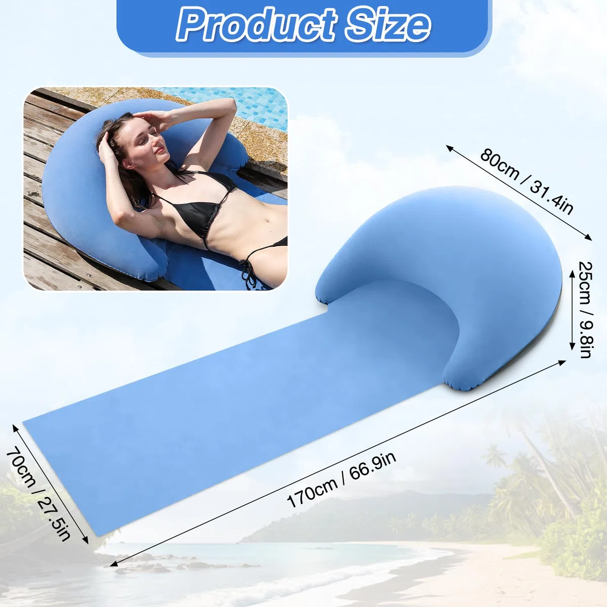 ROUSKY Esterilla de playa con almohada inflable, esterilla portátil, 178 x 76 cm (azul)
