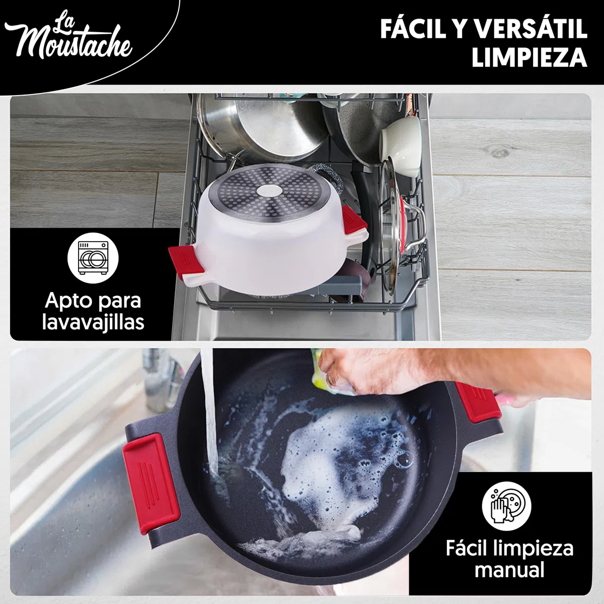 La Moustache - Cacerola Alta 24 cm, Aluminio Fundido con Antiadherente y Antirayaduras para Todas las Cocinas, Incluida Inducción, Sin PFOA, Tapa de Cristal, Asas de Silicona Ergonómicas (Blanco)