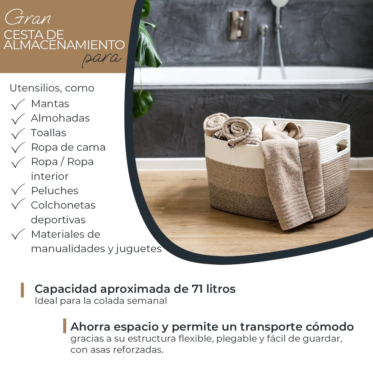 HMF XXL Cesto para la ropa de algodón, cesta de almacenamiento rectangular con asas | 55 x 43 x 30 cm | Blanco-Marrón