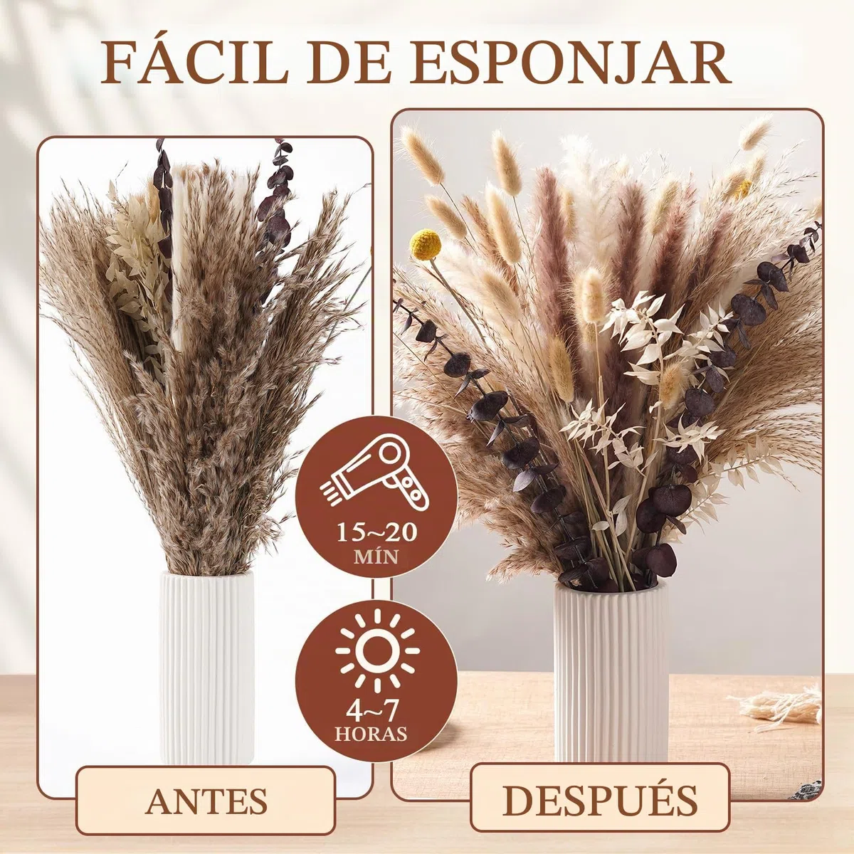 89pcs de Decoración con Pampas Secas - Decoración Boho para Mesa Pampas Marrón y Blanco para Bodas, Fiestas Rústicas y Decoración Floral Artificial de Pampas & Decoración de Verano para el Hogar