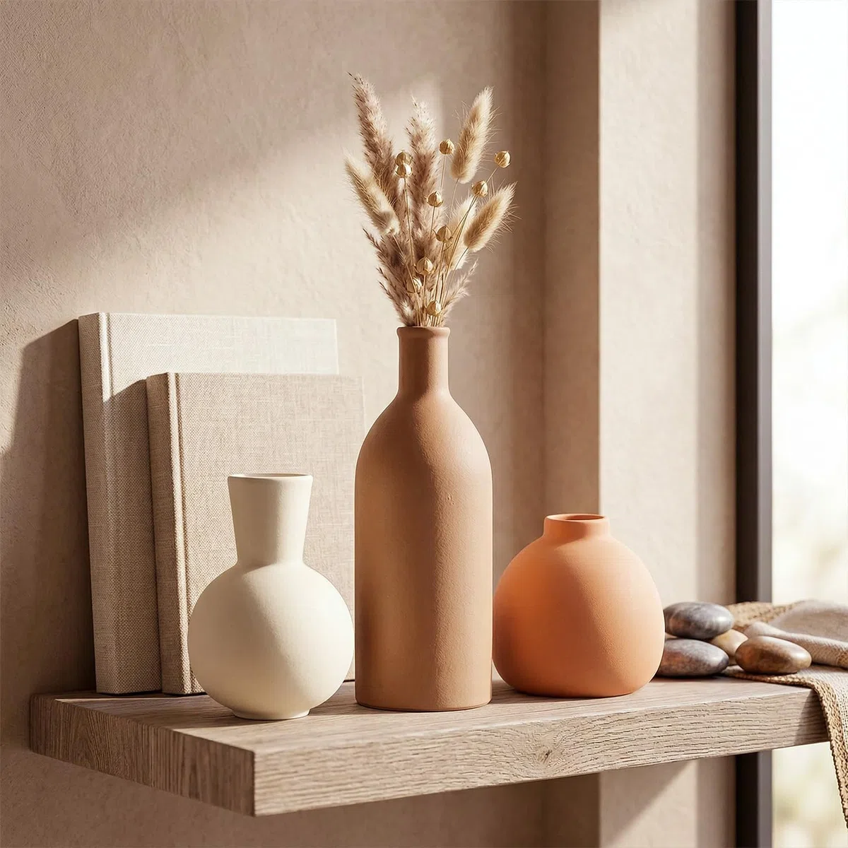 Juego de Jarrones de Cerámica 3 Piezas | Jarrón Decorativo Iconico para Pampas y Flores Secas | Decoración de Mesa Moderna en Beige y Marrón | Jarrón Alto Escandinavo Boho Neutral para Salón