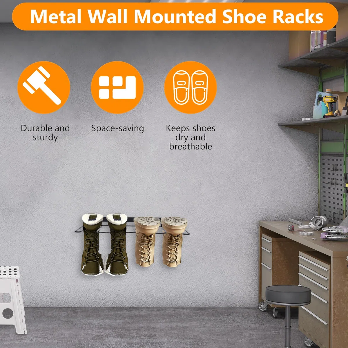 Gugxiom 2 zapateros de pared, zapatero de metal negro para exteriores, para botas de goma y botas altas, adecuado para armarios, pasillos, exteriores y garajes