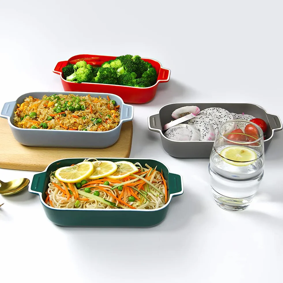 Plato para lasaña, 2 unidades de 9 x 5 pulgadas rectangulares de cerámica con asa, plato pequeño de color para hornear de horno a mesa, ideal para horno, sartén de cerámica para lasaña (verde)